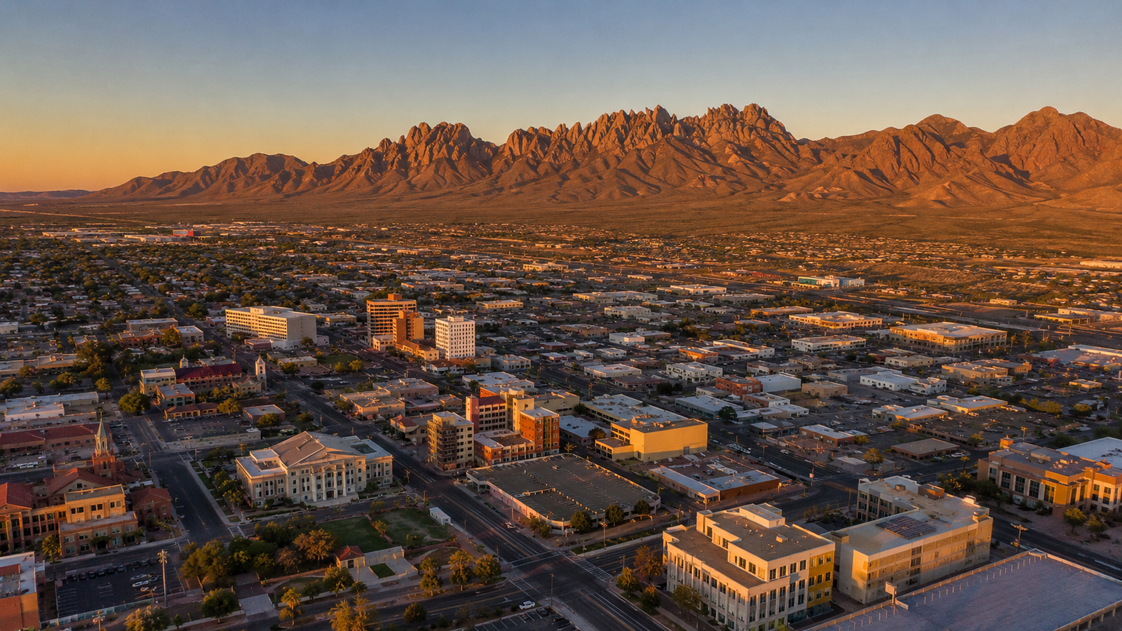 Aerial view of Las Cruces New Mexico with Organ Mountains